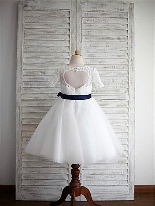 A-line/Princess Scoop 1/2 Sleeves Sash/Ribbon/Belt Tea-Length Tulle Flower Girl Dresses DEP0007629