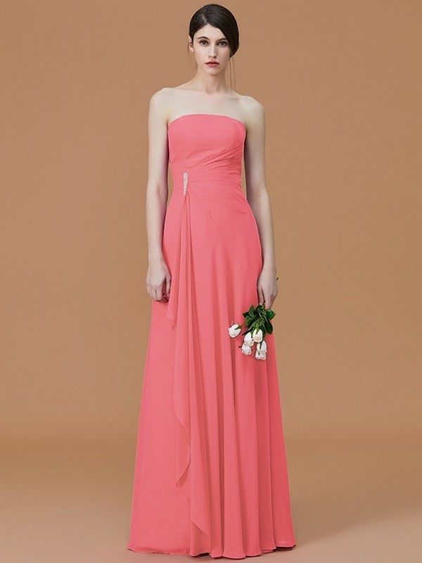 A-Line/Princess Strapless Sleeveless Floor-Length Ruffles Chiffon Bridesmaid Dresses DEP0005756