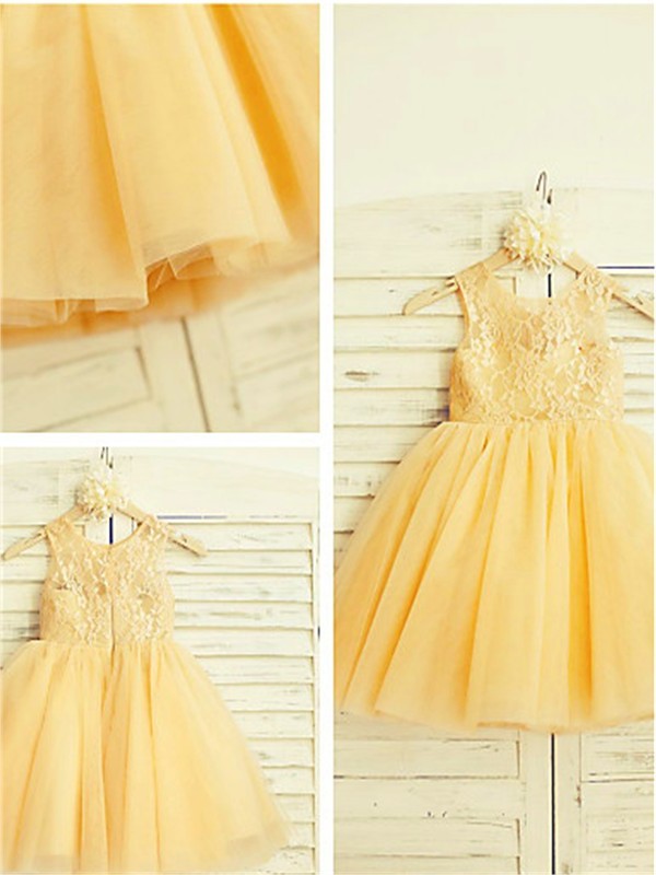 A-line/Princess Scoop Sleeveless Lace Tea-Length Tulle Flower Girl Dresses DEP0007768