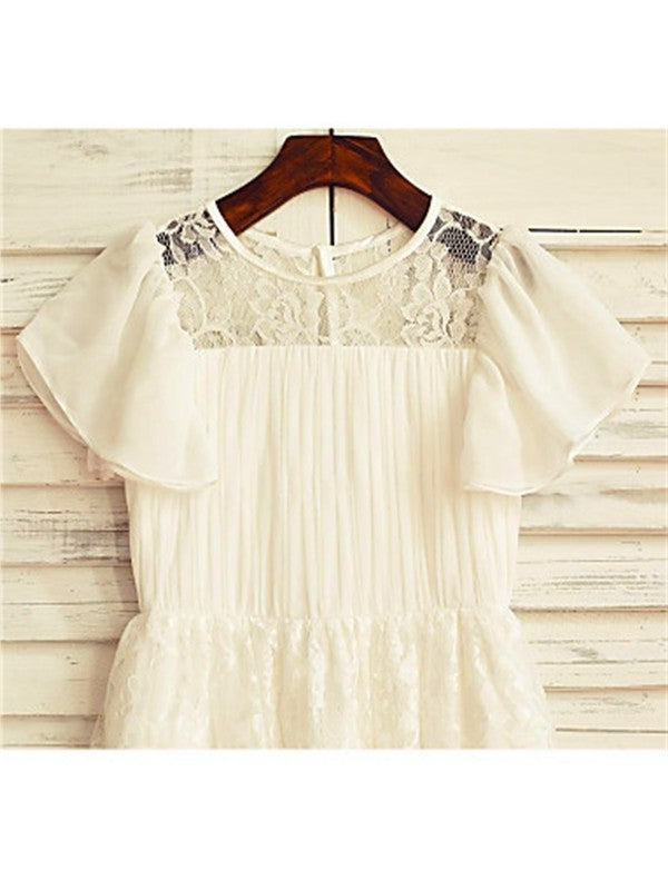 A-line/Princess Scoop Short Sleeves Lace Tea-Length Chiffon Flower Girl Dresses DEP0007820