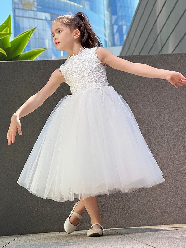 A-Line/Princess Tulle Lace High Neck Sleeveless Knee-Length Flower Girl Dresses DEP0007488