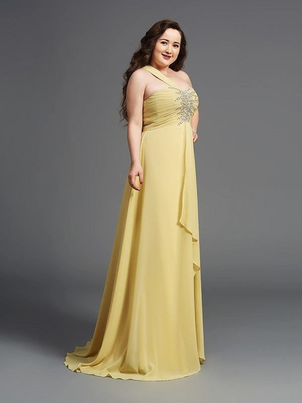 A-Line/Princess One-Shoulder Rhinestone Sleeveless Long Chiffon Plus Size Dresses DEP0003729