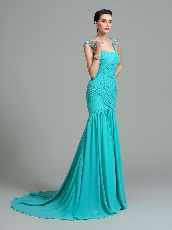 A-Line/Princess Straps Ruched Sleeveless Long Chiffon Dresses DEP0009208