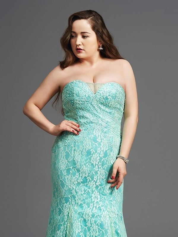 Sheath/Column Strapless Lace Sleeveless Long Satin Plus Size Dresses DEP0004326