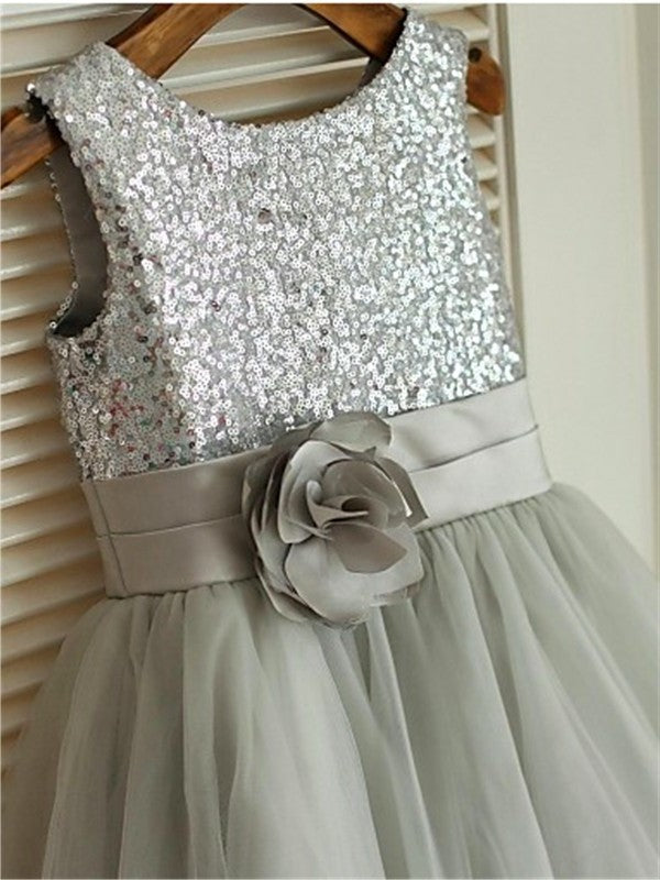 A-line/Princess Scoop Sleeveless Sequin Tea-Length Tulle Flower Girl Dresses DEP0007673