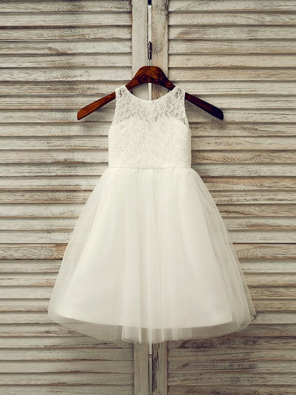 A-Line/Princess Tulle Sash/Ribbon/Belt Scoop Sleeveless Tea-Length Flower Girl Dresses DEP0007523