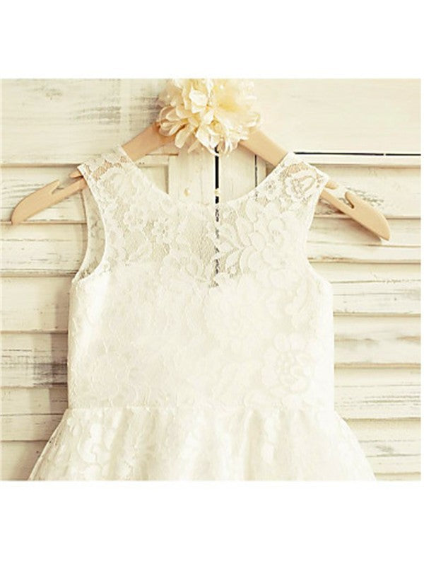 A-line/Princess Sleeveless Scoop Bowknot Tea-Length Lace Flower Girl Dresses DEP0007719