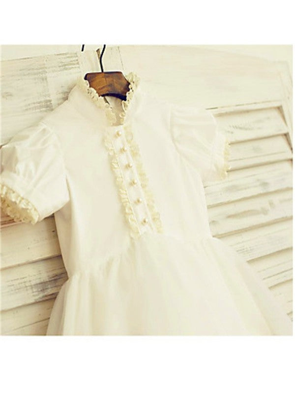 A-line/Princess High Neck Short Sleeves Lace Tea-Length Tulle Flower Girl Dresses DEP0007902