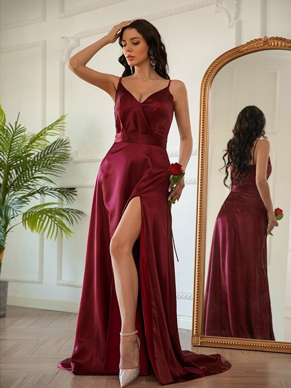 A-Line/Princess Silk like Satin Ruched V-neck Sleeveless Sweep/Brush Train Dresses DEP0001545