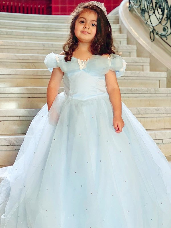 Ball Gown Tulle Rhinestone Off-the-Shoulder Sleeveless Floor-Length Flower Girl Dresses DEP0007466