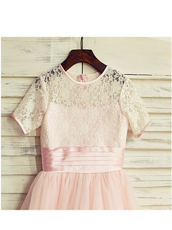 A-line/Princess Jewel Short Sleeves Lace Tea-Length Tulle Flower Girl Dresses DEP0007793