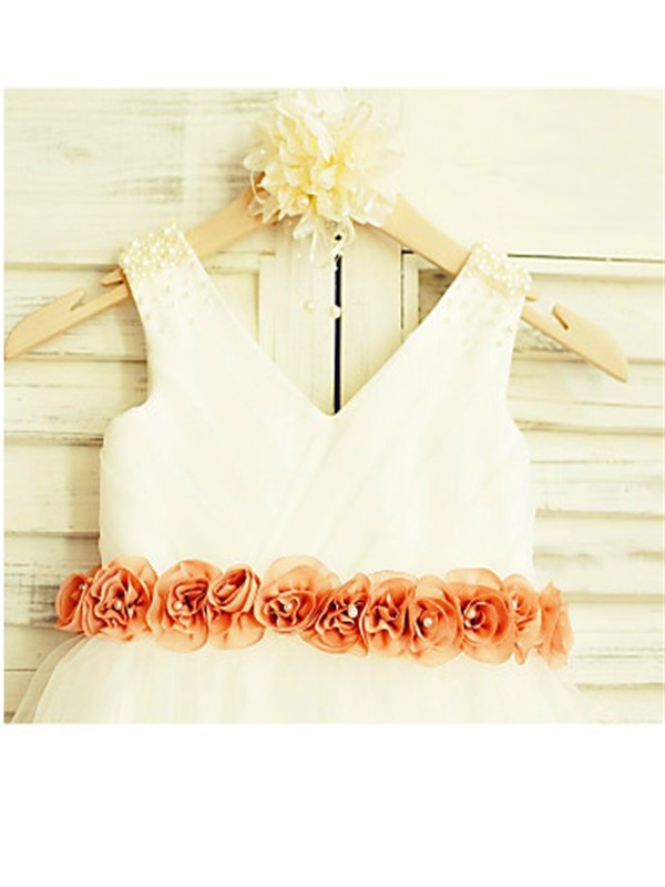 A-line/Princess V-neck Sleeveless Hand-made Flower Tea-Length Tulle Flower Girl Dresses DEP0007821