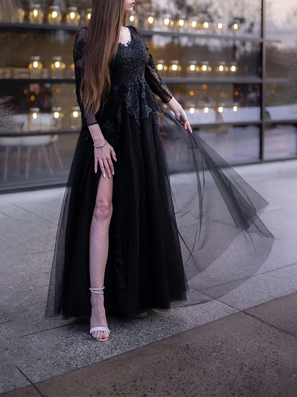 Ball Gown Tulle Long Sleeves Applique Off-the-Shoulder Floor-Length Dresses DEP0001473