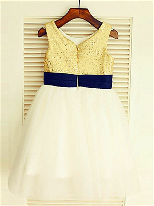 A-line/Princess Sleeveless Scoop Sequin Knee-Length Tulle Flower Girl Dresses DEP0007800