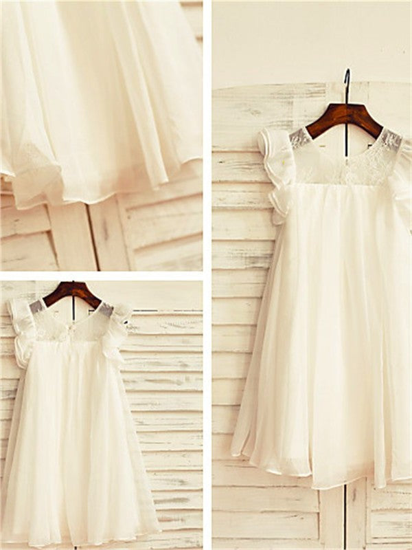 A-line/Princess Scoop Short Sleeves Lace Tea-Length Chiffon Flower Girl Dresses DEP0007691