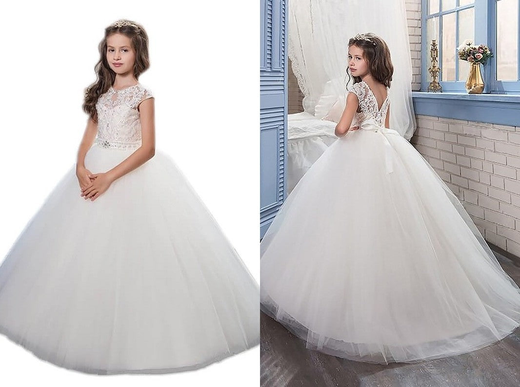 Ball Gown Scoop Sleeveless Beading Floor-Length Tulle Flower Girl Dresses DEP0007686