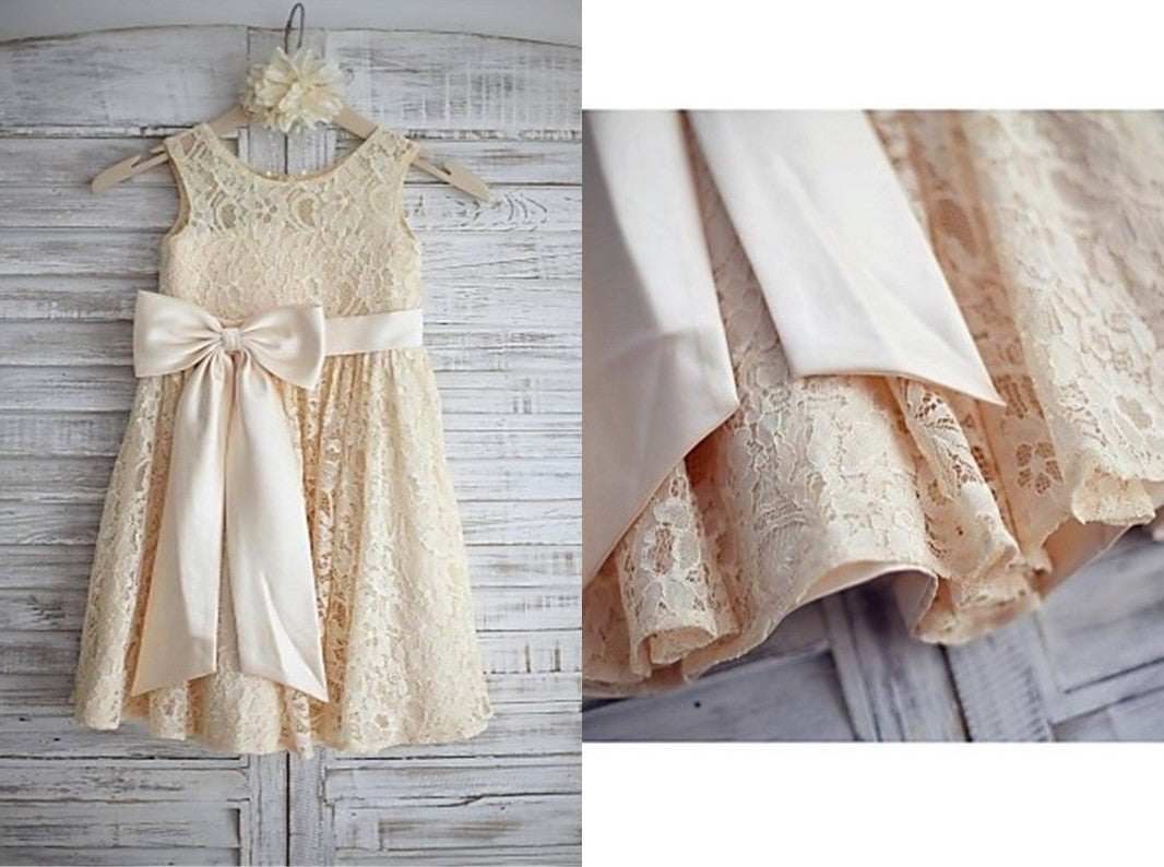 A-line/Princess Sleeveless Scoop Bowknot Knee-Length Lace Flower Girl Dresses DEP0007627