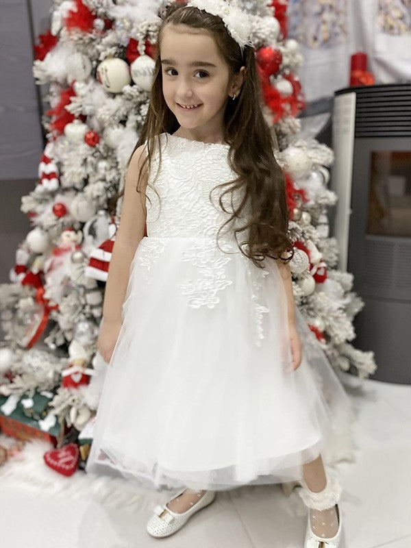 A-Line/Princess Tulle Lace Scoop Sleeveless Knee-Length Flower Girl Dresses DEP0009286