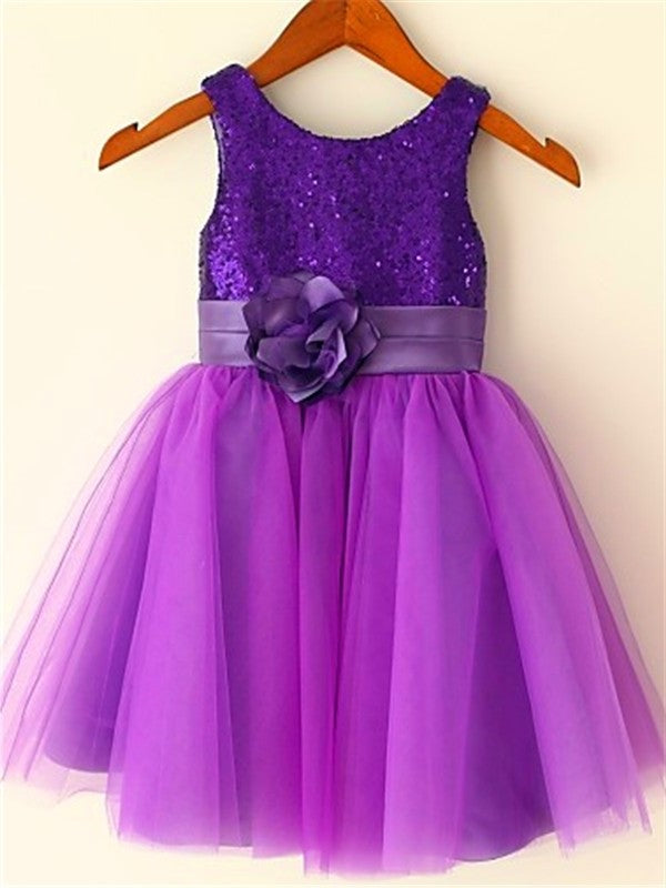 A-line/Princess Scoop Sleeveless Sequin Tea-Length Tulle Flower Girl Dresses DEP0007722