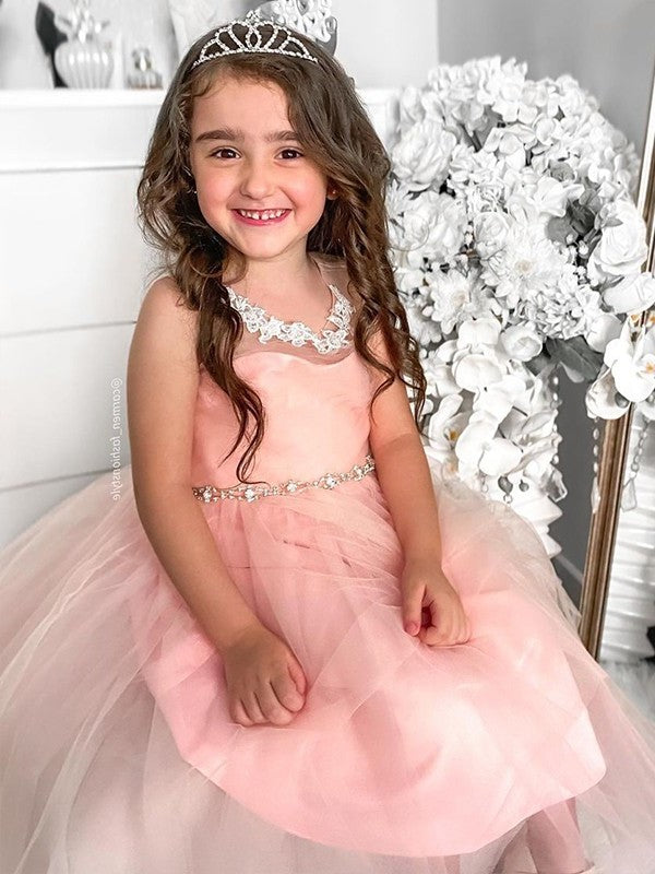 A-Line/Princess Tulle Beading Scoop Sleeveless Tea-Length Flower Girl Dresses DEP0007469