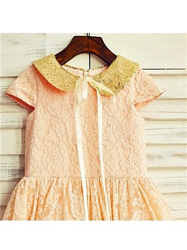 A-line/Princess Short Sleeves Scoop Sequin Tea-Length Lace Flower Girl Dresses DEP0007930