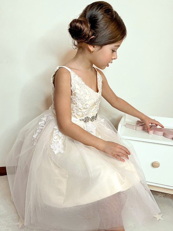 A-Line/Princess Tulle Lace V-neck Sleeveless Knee-Length Flower Girl Dresses DEP0009285