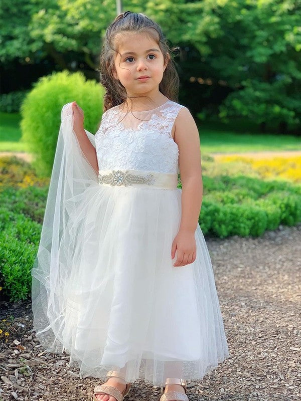 A-Line/Princess Tulle Lace Scoop Sleeveless Tea-Length Flower Girl Dresses DEP0007477