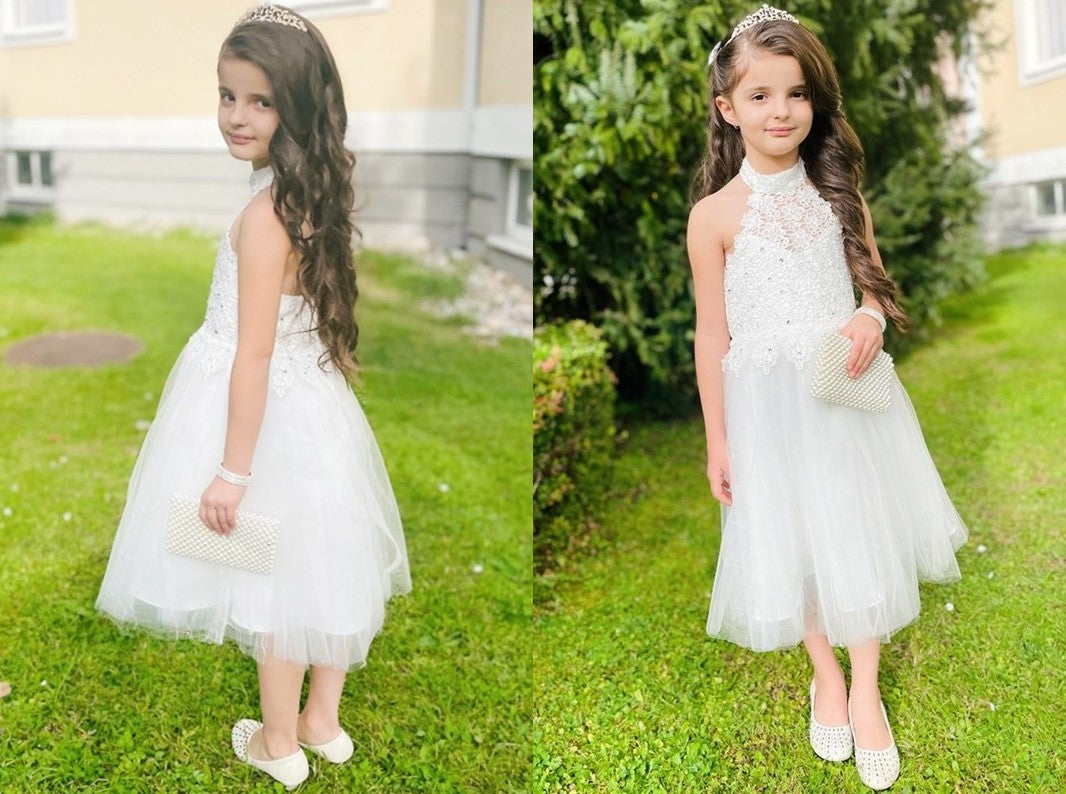 A-Line/Princess Tulle Lace Halter Sleeveless Knee-Length Flower Girl Dresses DEP0007550