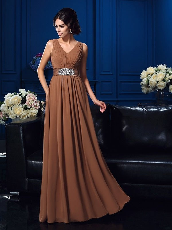 A-Line/Princess V-neck Pleats Sleeveless Long Chiffon Mother of the Bride Dresses DEP0007310