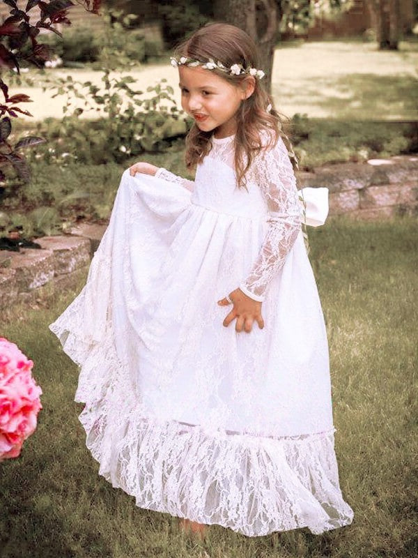 A-Line/Princess Long Sleeves Jewel Bowknot Lace Floor-Length Flower Girl Dresses DEP0007631