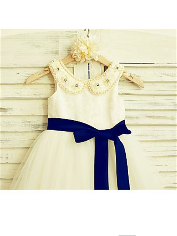 A-line/Princess Scoop Sleeveless Bowknot Tea-Length Tulle Flower Girl Dresses DEP0007905