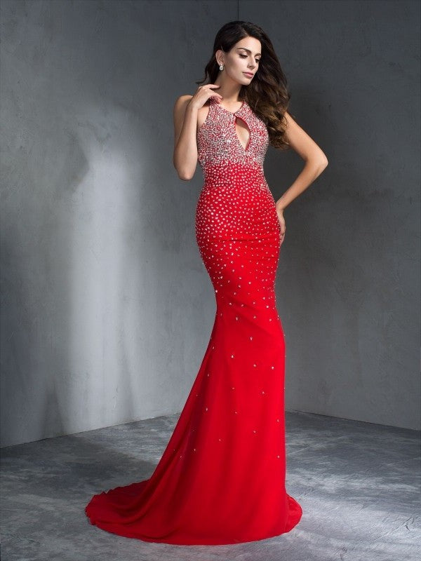 Trumpet/Mermaid Halter Beading Sleeveless Long Chiffon Dresses DEP0002024