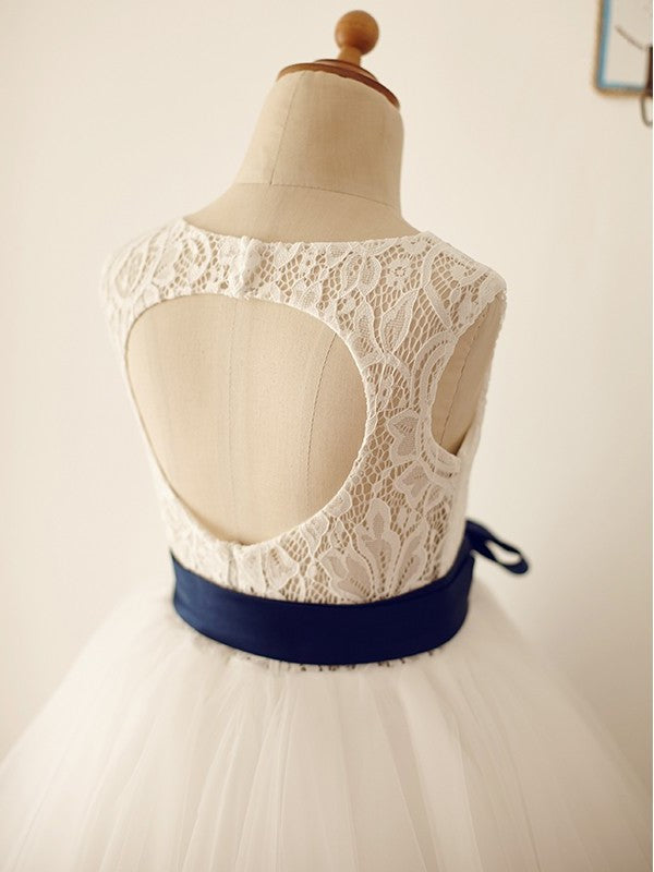 A-Line/Princess Tulle Sash/Ribbon/Belt Scoop Sleeveless Tea-Length Flower Girl Dresses DEP0007803