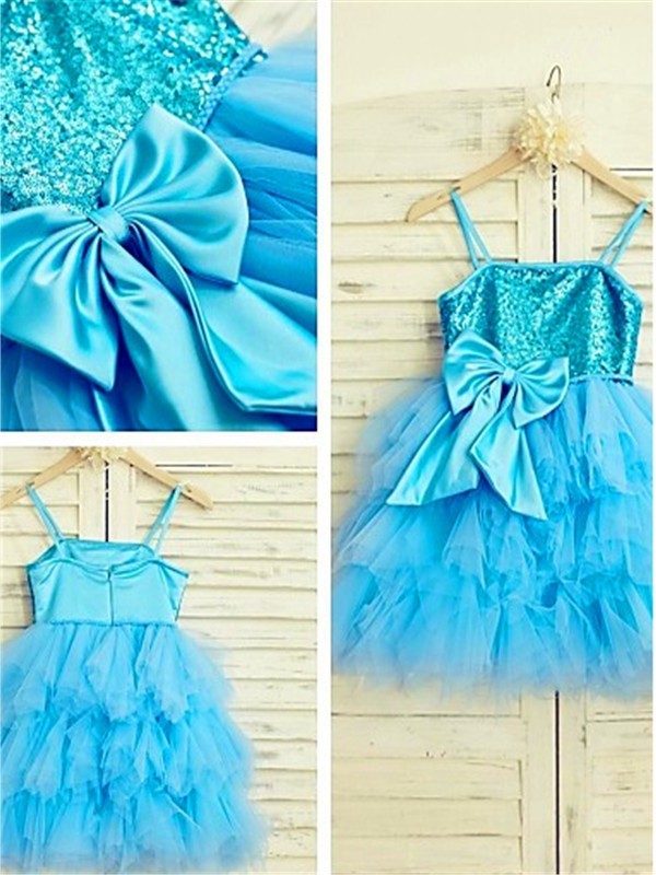 A-line/Princess Spaghetti Straps Sleeveless Sequin Tea-Length Net Flower Girl Dresses DEP0007858