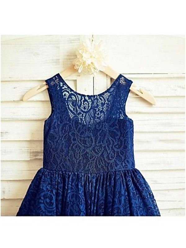 A-line/Princess Scoop Sleeveless Bowknot Tea-Length Lace Flower Girl Dresses DEP0007735