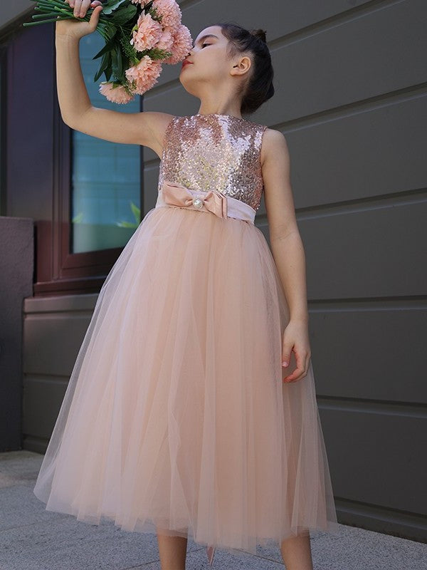 A-Line/Princess Tulle Bowknot Scoop Sleeveless Tea-Length Flower Girl Dresses DEP0007463