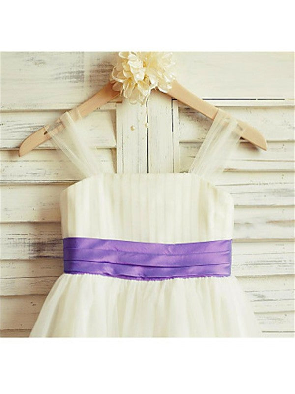 A-line/Princess Straps Sleeveless Ruffles Tea-Length Tulle Flower Girl Dresses DEP0007886