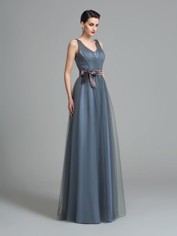 A-Line/Princess Straps Sash/Ribbon/Belt Sleeveless Long Net Bridesmaid Dresses DEP0005595