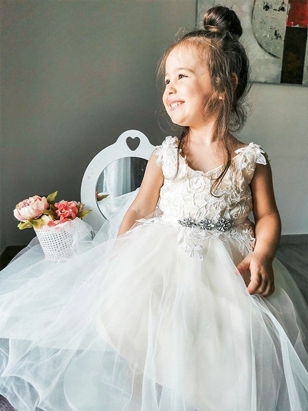 A-Line/Princess Tulle Lace V-neck Sleeveless Ankle-Length Flower Girl Dresses DEP0007460