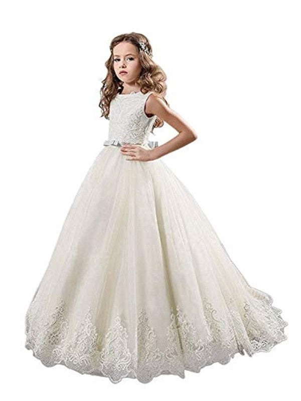 Ball Gown Jewel Sleeveless Lace Sweep/Brush Train Tulle Flower Girl Dresses DEP0007536