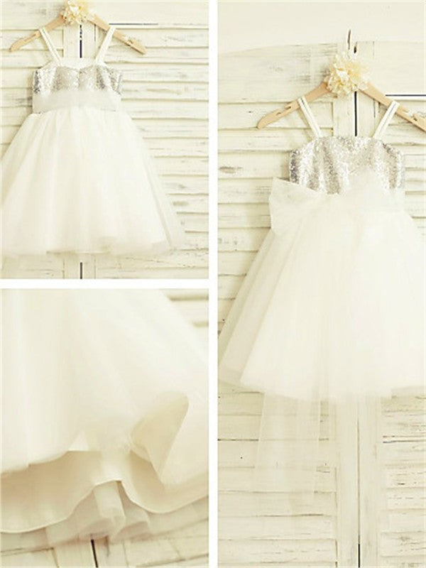 A-line/Princess Spaghetti Straps Sleeveless Sequin Tea-Length Tulle Flower Girl Dresses DEP0007863