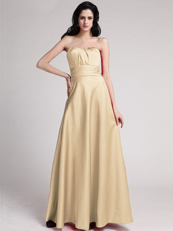 A-Line/Princess Strapless Sleeveless Pleats Long Elastic Woven Satin Bridesmaid Dresses DEP0005835