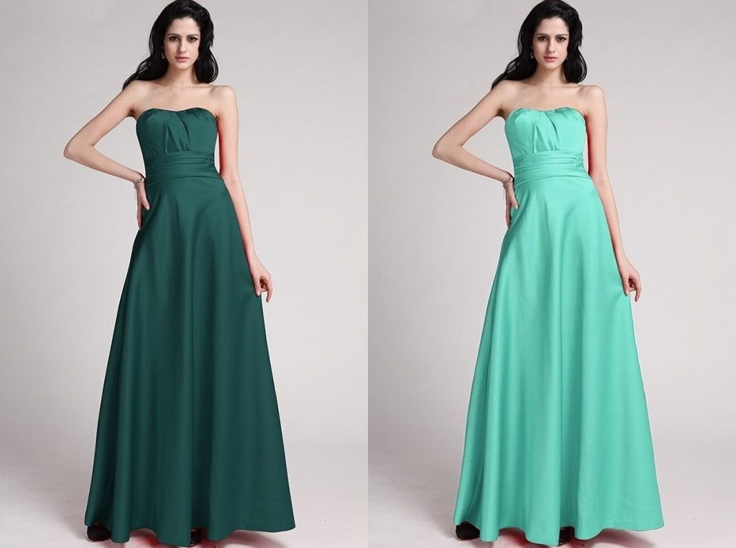 A-Line/Princess Strapless Sleeveless Pleats Long Elastic Woven Satin Bridesmaid Dresses DEP0005835