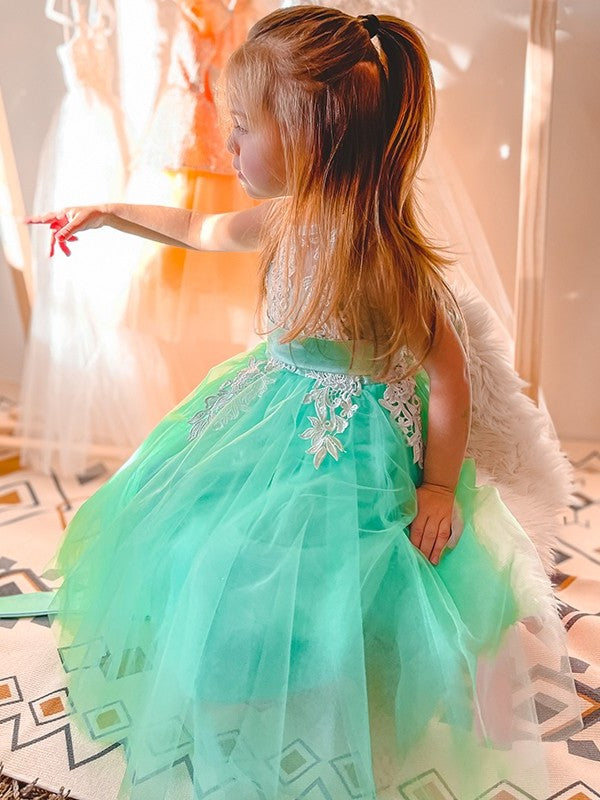 A-Line/Princess Tulle Applique Scoop Sleeveless Knee-Length Flower Girl Dresses DEP0009293