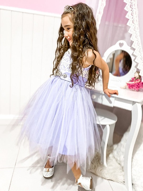 A-Line/Princess Tulle Lace Scoop Sleeveless Knee-Length Flower Girl Dresses DEP0009288