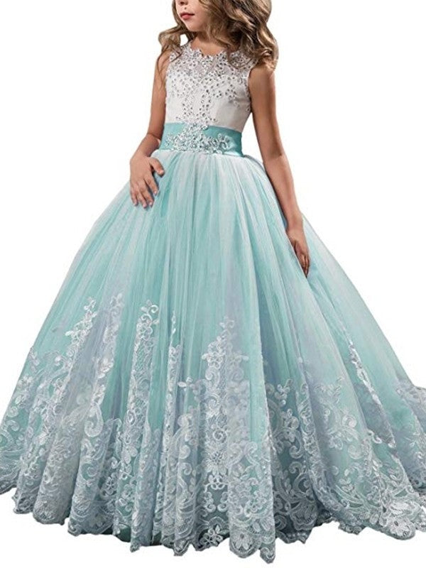 Ball Gown Jewel Sleeveless Lace Sweep/Brush Train Tulle Flower Girl Dresses DEP0007567