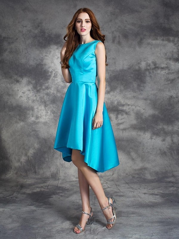 A-line/Princess Bateau Ruffles Sleeveless High Low Satin Bridesmaid Dresses DEP0009303