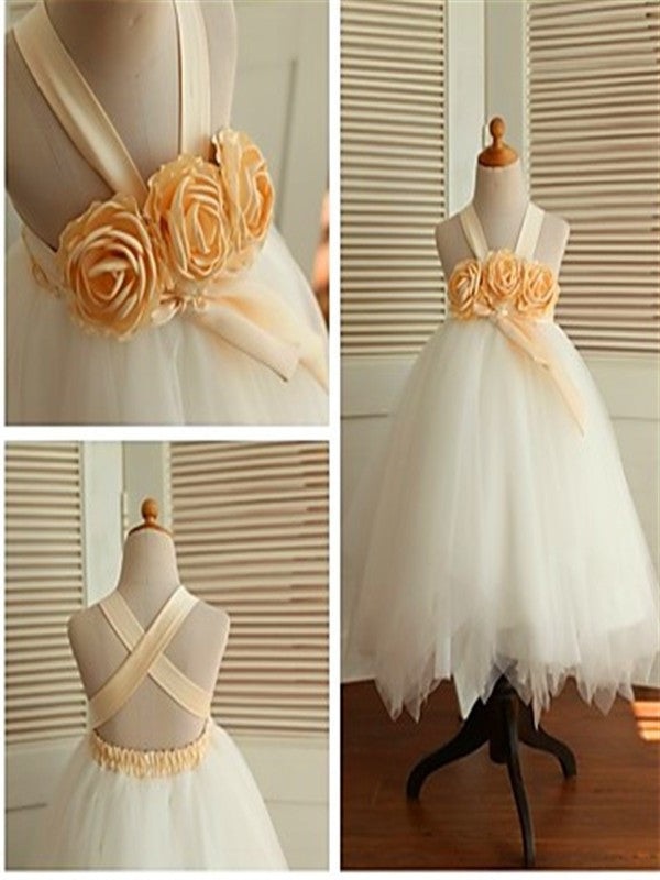 Ball Gown Sleeveless Straps Hand-made Flower Tea-Length Tulle Flower Girl Dresses DEP0007717