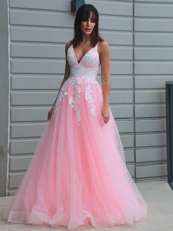 A-Line/Princess Tulle V-neck Applique Sleeveless Floor-Length Dresses DEP0001584