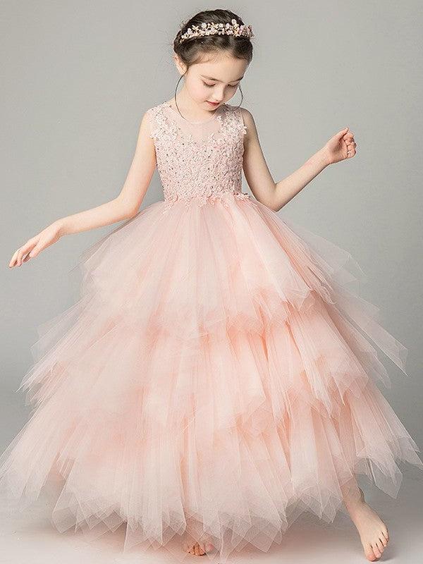 A-Line/Princess Tulle Applique Scoop Sleeveless Floor-Length Flower Girl Dresses DEP0007507